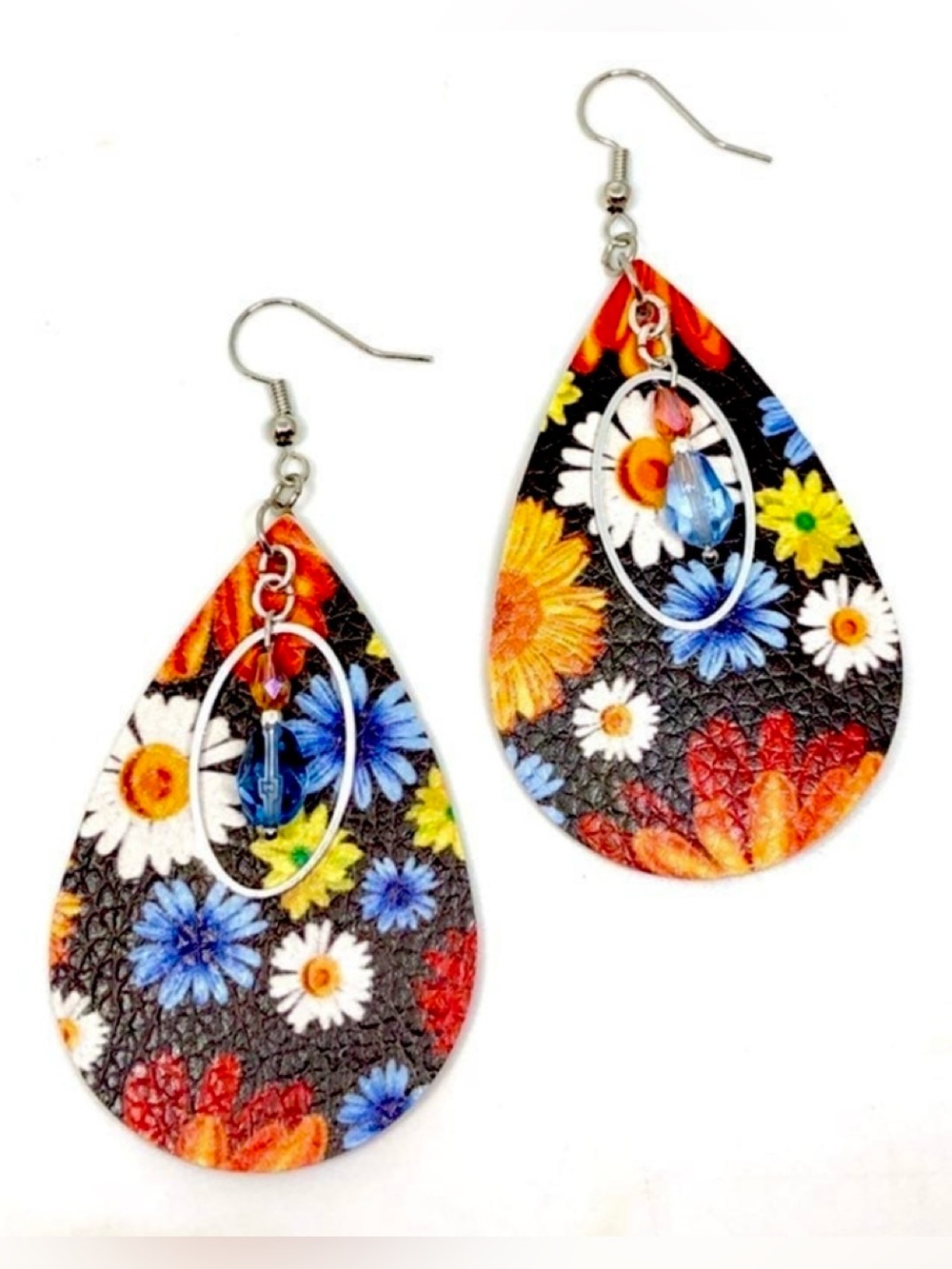 Black Blue Orange White Floral Vegan Faux Leather Teardrop Crystal Drop Earrings
